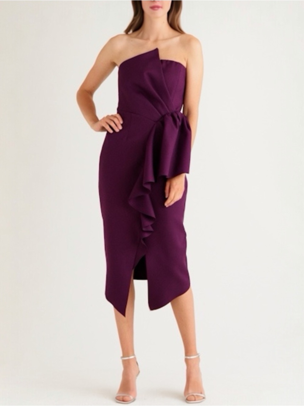 Elliatt Reception Cascade Ruffle Strapless Structured Cocktail Midi Dress Small